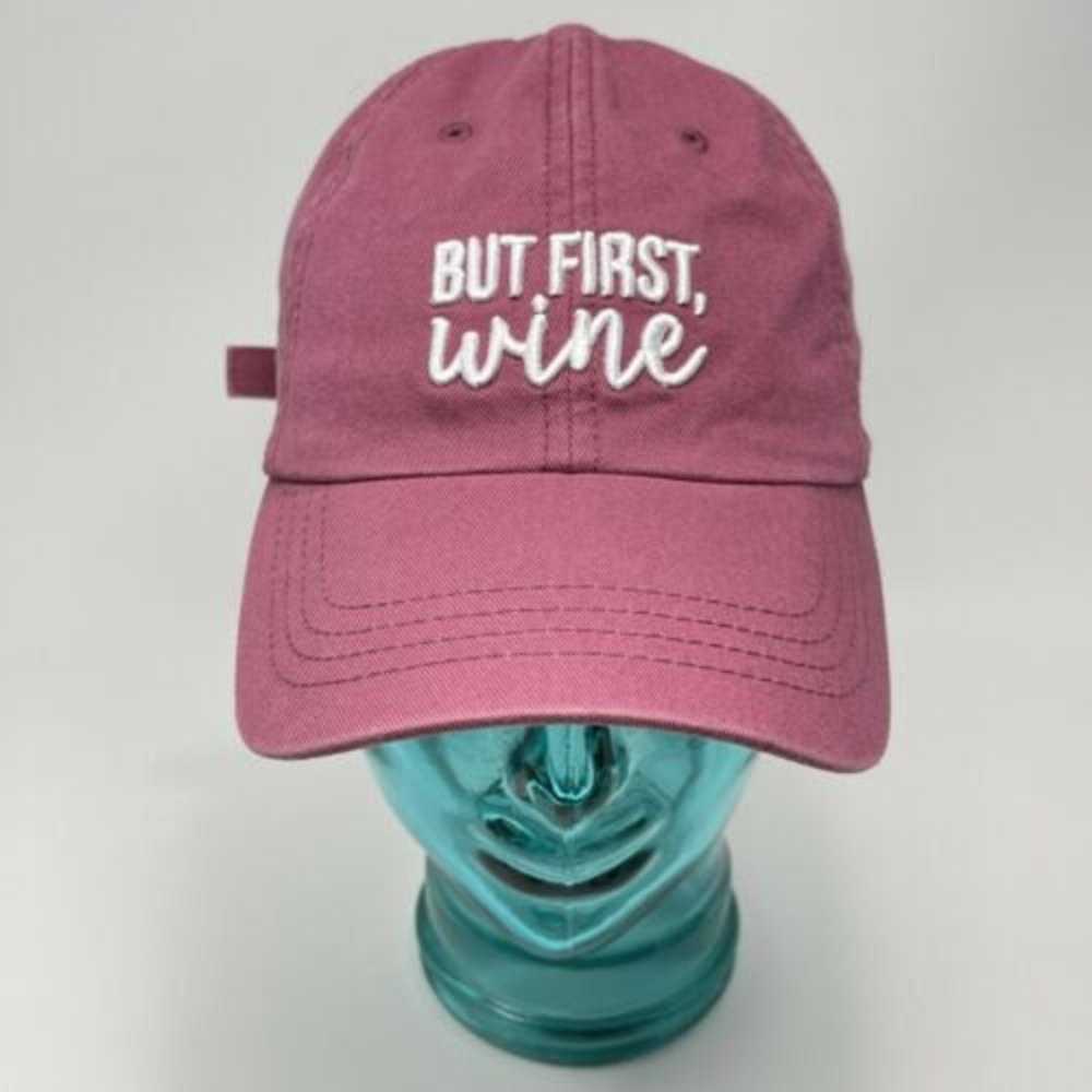 State of Mind BUT FIRST, WINE Hat Adjustable Strapback Cap Pink Salmon
